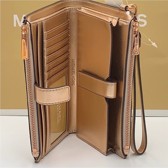 🧡🔥Luxury Michael Kors Double Zip Leather Wristlet Wallet Rose Gold NWT🧡🔥